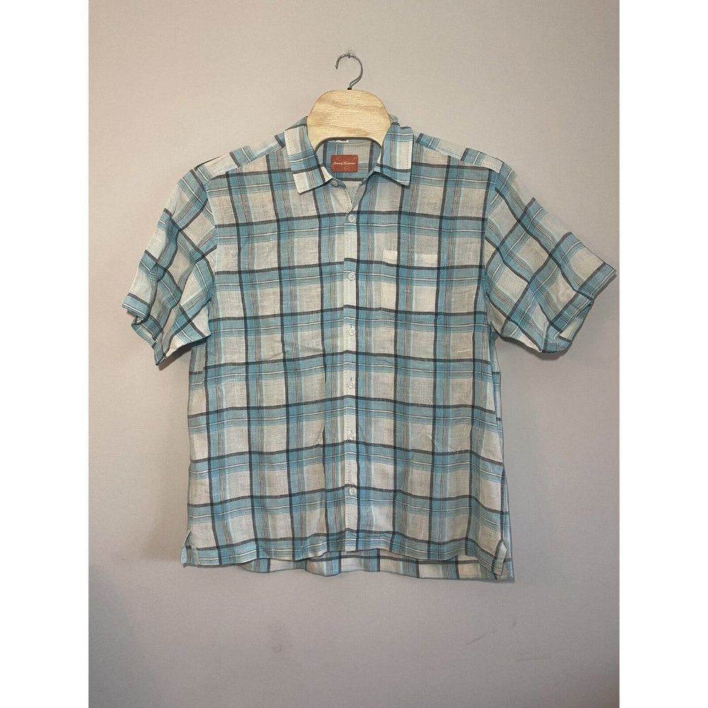 Tommy Bahama Blue Plaid Button Up Shirt‎ Sz XL Short Sleeve 100% Linen